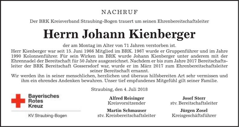 Traueranzeige Johann Kienberger