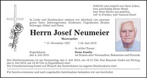 Traueranzeige Josef Neumeier
