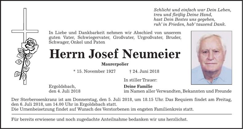 Traueranzeige Josef Neumeier