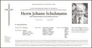 Traueranzeige Johann Schuhmann