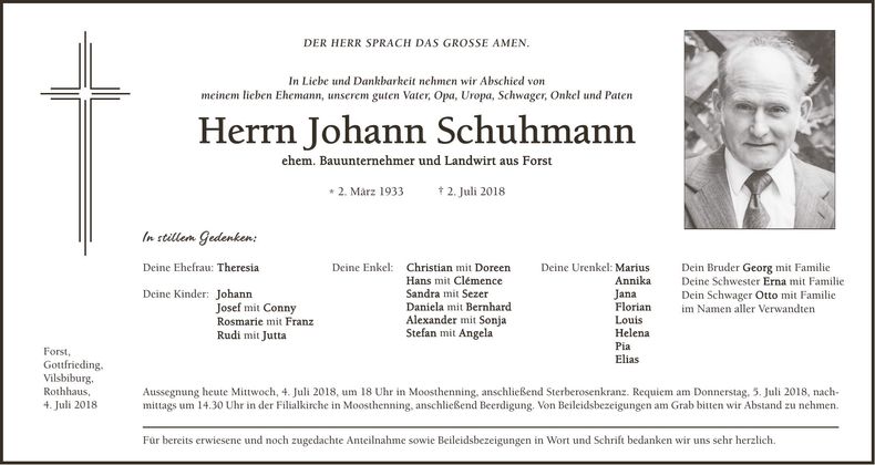 Traueranzeige Johann Schuhmann