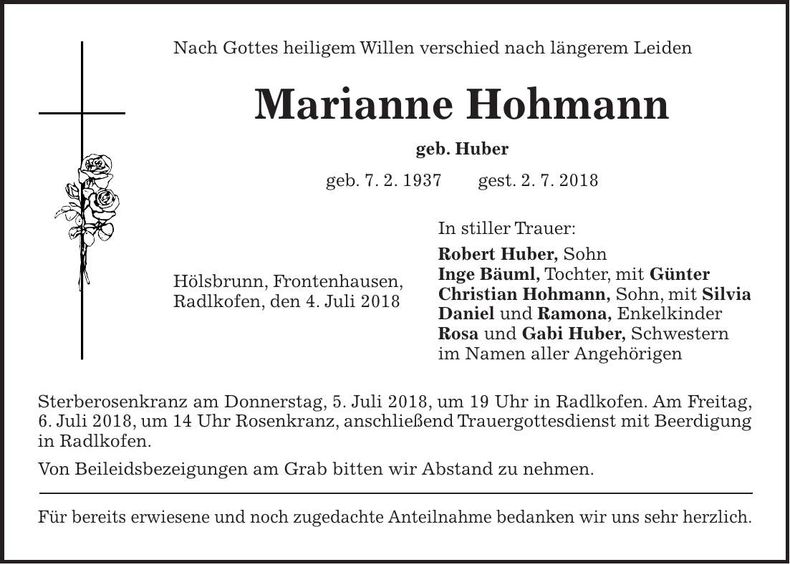 Traueranzeige Marianne Hohmann
