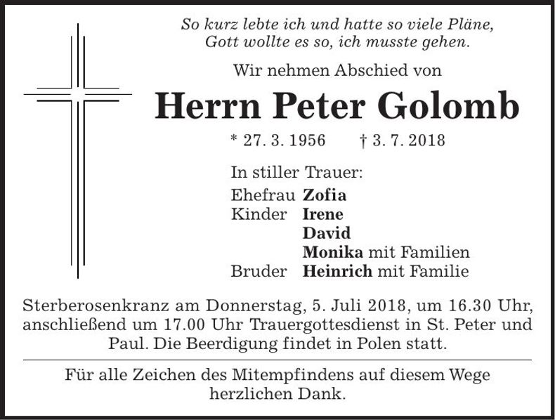 Traueranzeige Peter Golomb