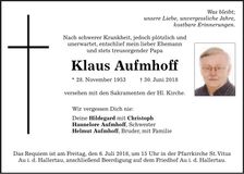 Traueranzeige Klaus Aufmhoff