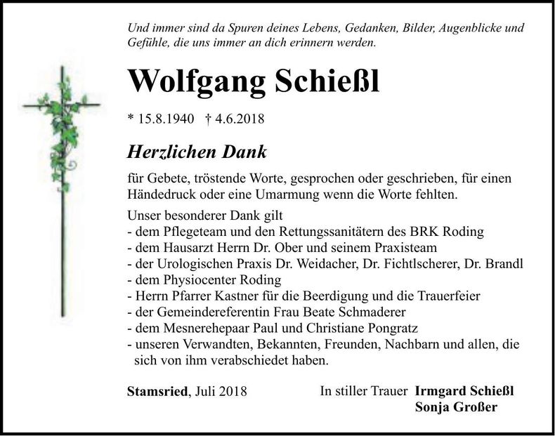 Traueranzeige Wolfgang Schießl