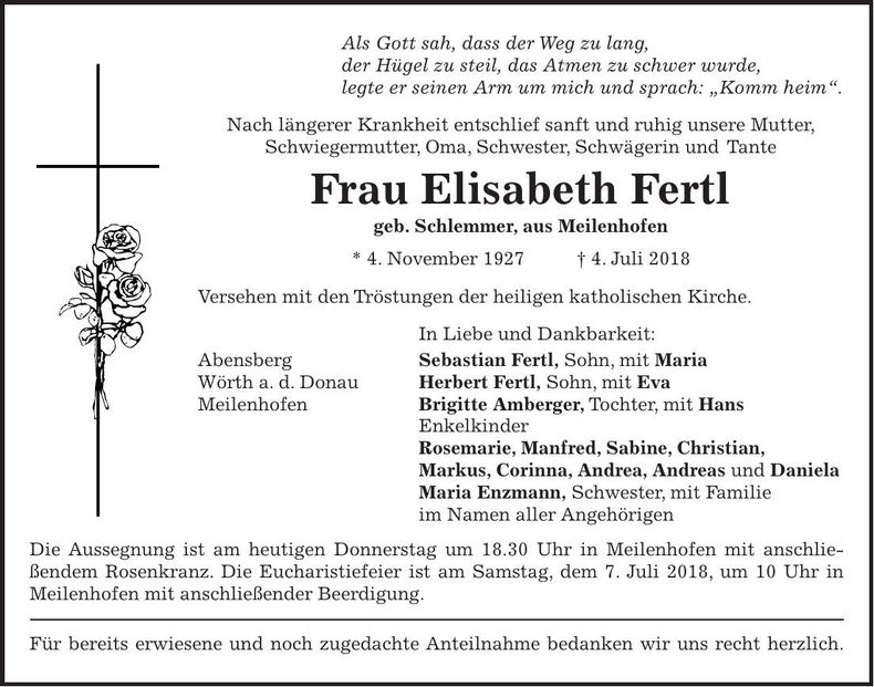 Traueranzeige Elisabeth Fertl