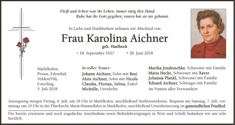 Traueranzeige Karolina Aichner