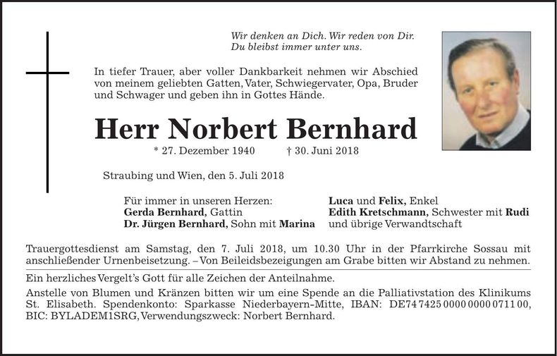 Traueranzeige Norbert Bernhard