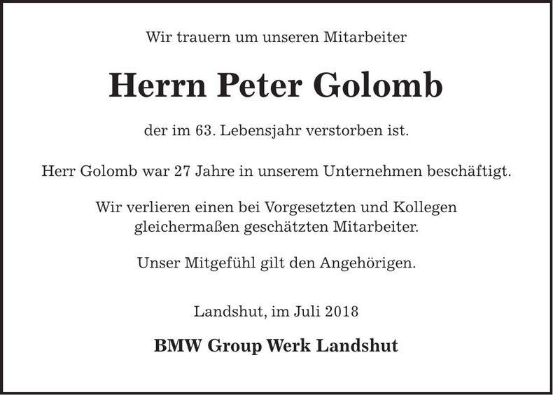 Traueranzeige Peter Golomb