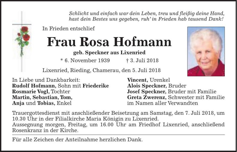 Traueranzeige Rosa Hofmann