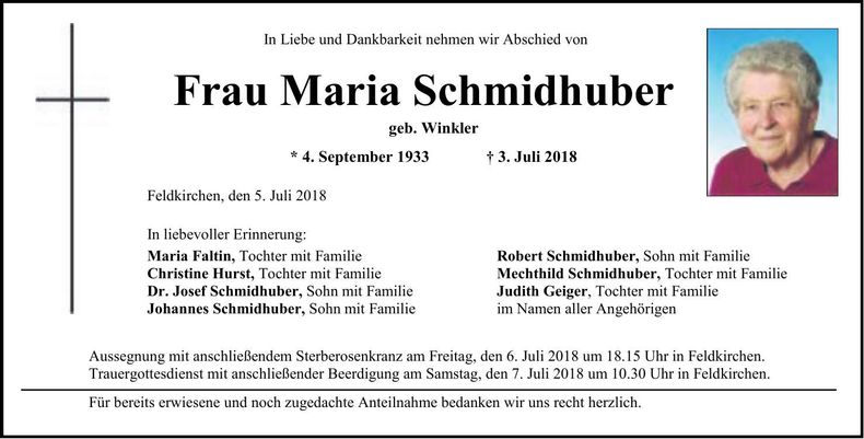 Traueranzeige Maria Schmidhuber