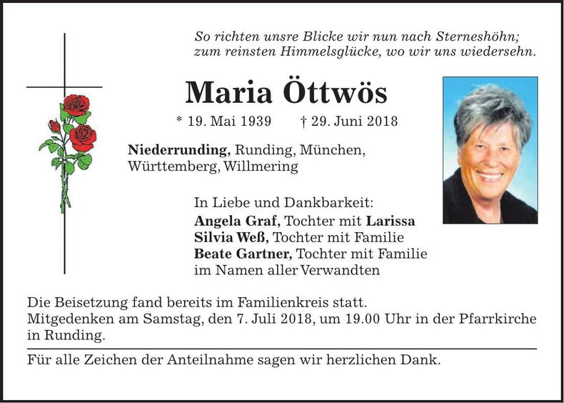 Traueranzeige Maria Öttwös