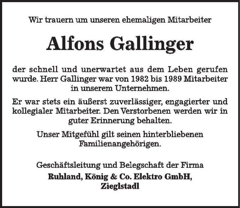 Traueranzeige Alfons Gallinger