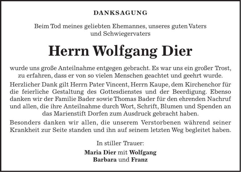 Traueranzeige Wolfgang Dier