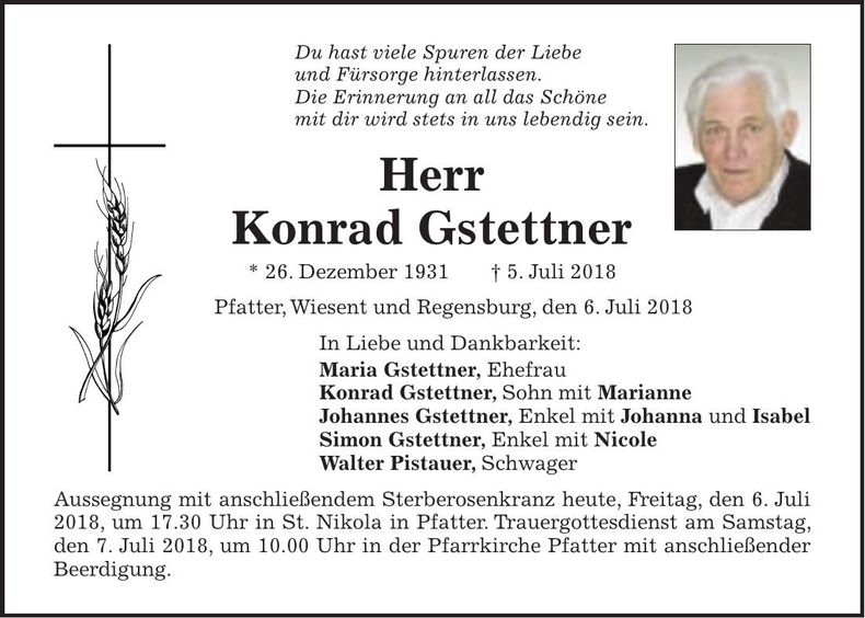 Traueranzeige Konrad Gstettner