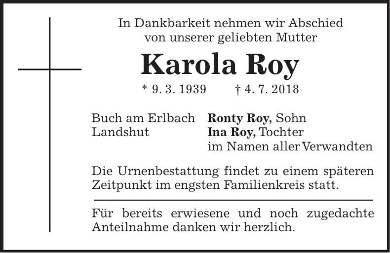 Traueranzeige Karola Roy