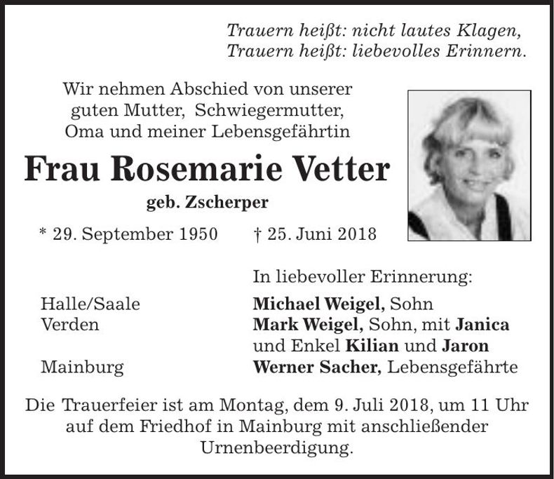 Traueranzeige Rosemarie Vetter