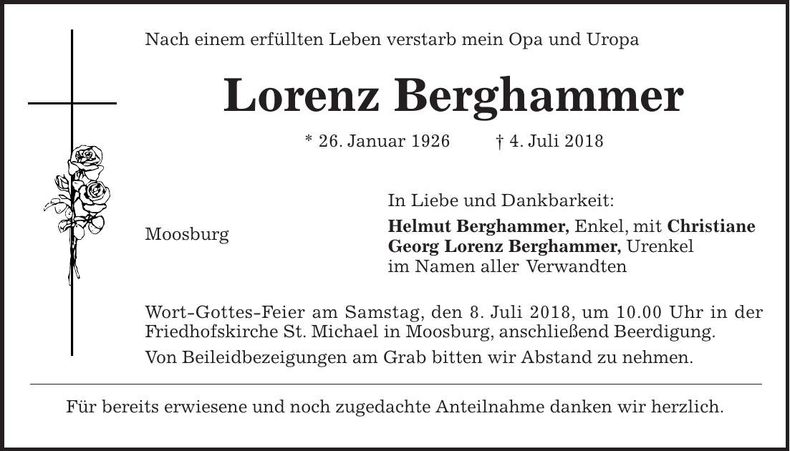 Traueranzeige Lorenz Berghammer