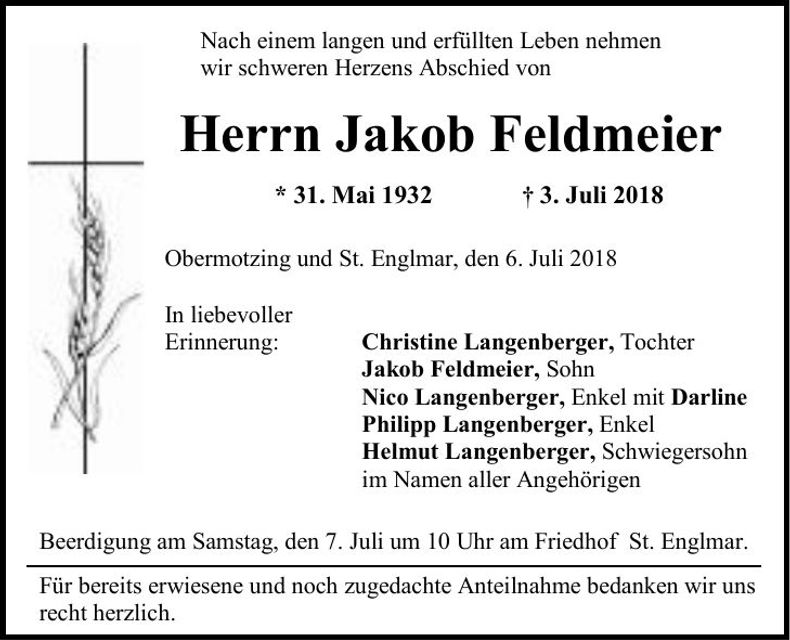 Traueranzeige Jakob Feldmeier