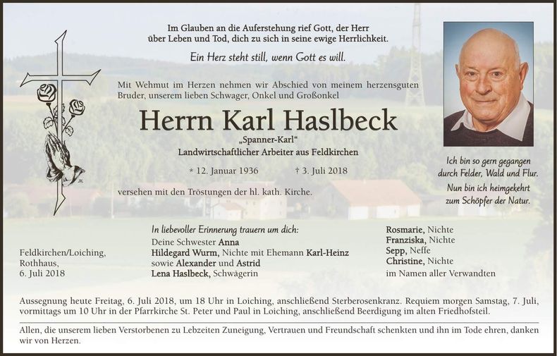 Traueranzeige Karl Haslbeck