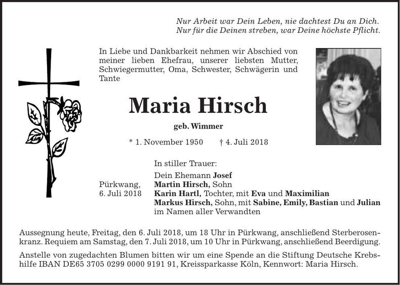 Traueranzeige Maria Hirsch