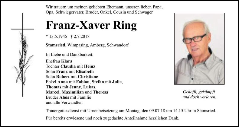 Traueranzeige Franz-Xaver Ring