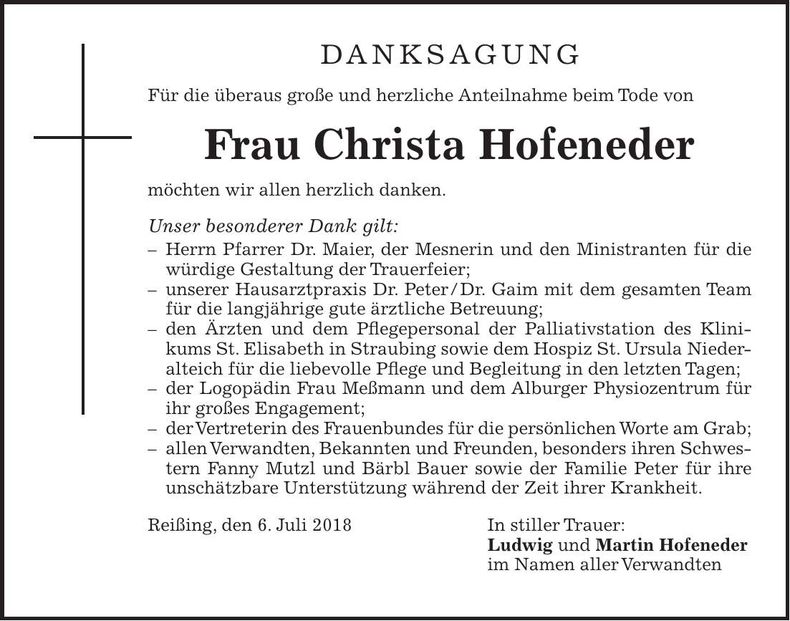 Traueranzeige Christa Hofeneder