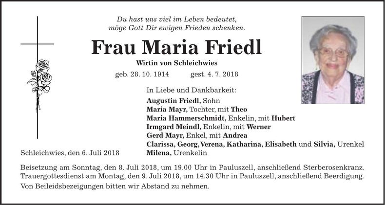 Traueranzeige Maria Friedl