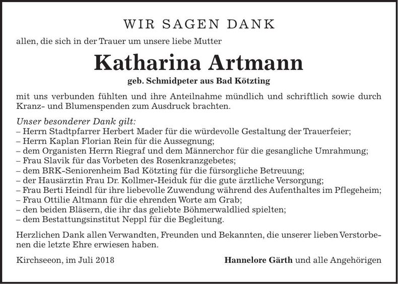 Traueranzeige Katharina Artmann