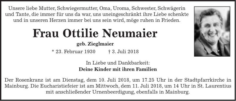 Traueranzeige Ottilie Neumaier