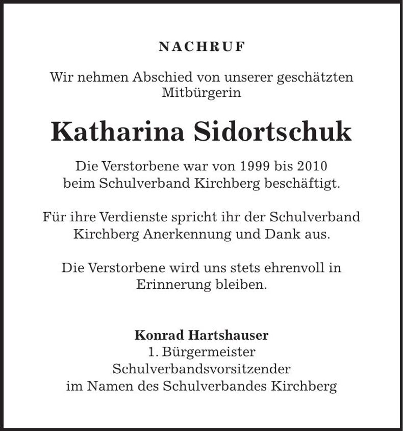 Traueranzeige Katharina Sidortschuk
