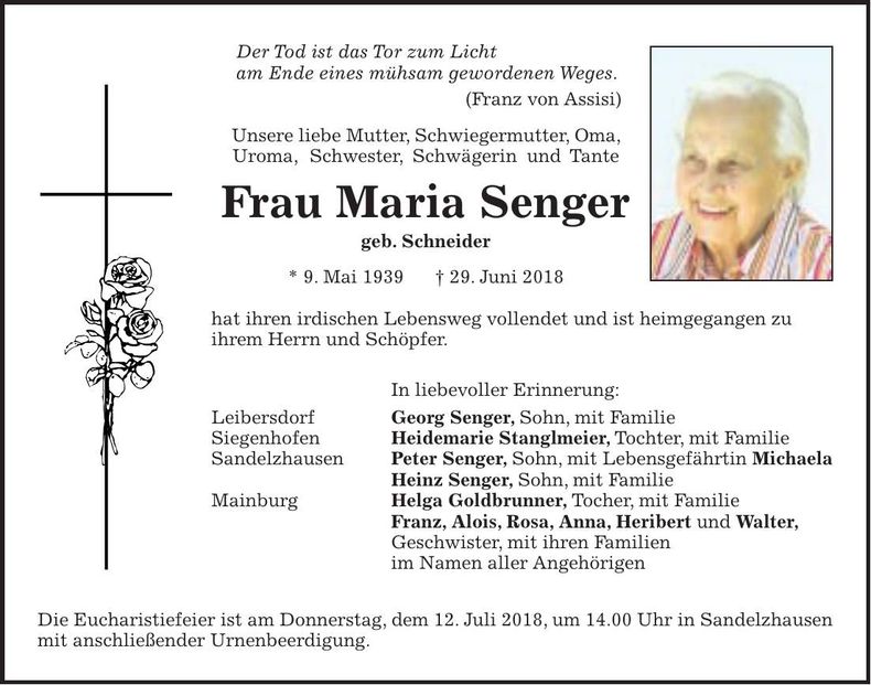 Traueranzeige Maria Senger