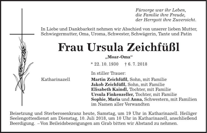 Traueranzeige Ursula Zeichfüßl