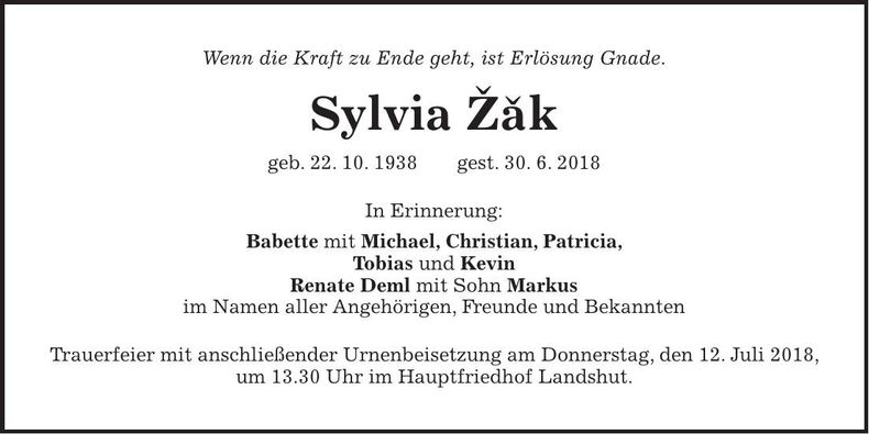 Traueranzeige Sylvia Zak