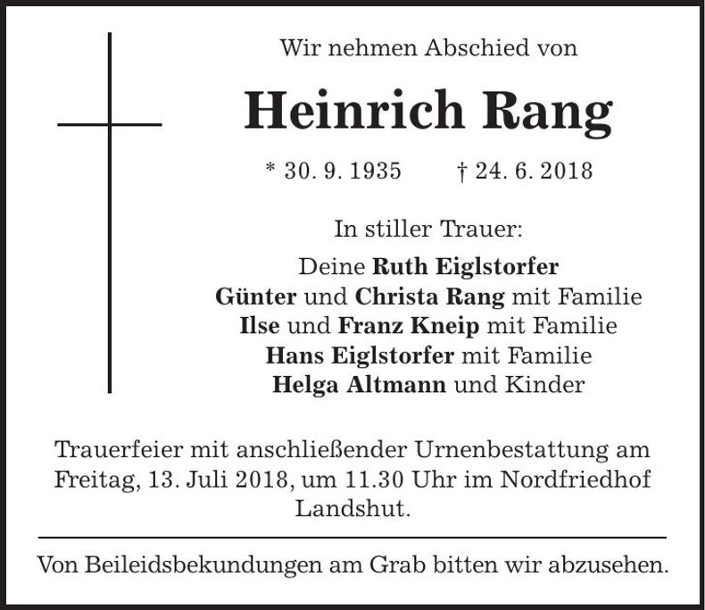 Traueranzeige Heinrich Rang