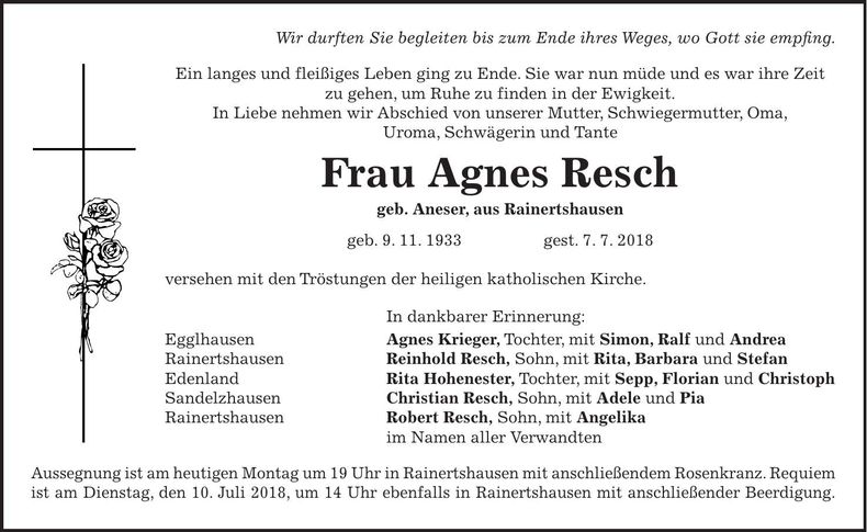 Traueranzeige Agnes Resch