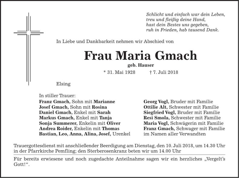 Traueranzeige Maria Gmach