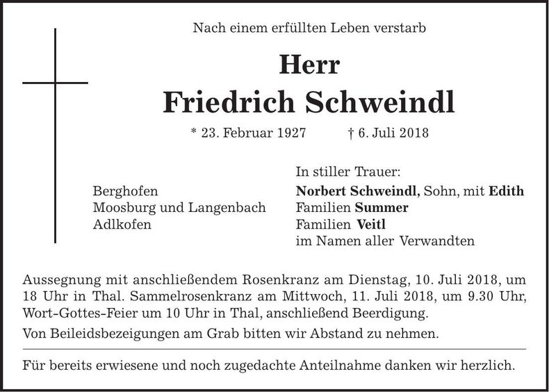Traueranzeige Friedrich Schweindl
