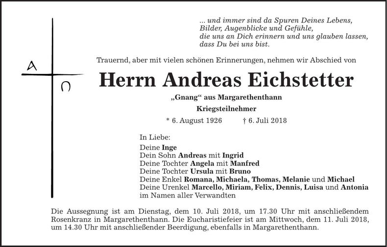 Traueranzeige Andreas Eichstetter