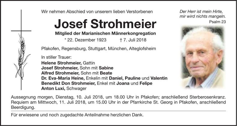 Traueranzeige Josef Strohmeier