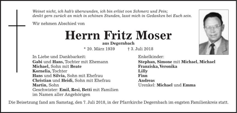 Traueranzeige Moser Fritz