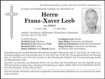 Traueranzeige Franz-Xaver Leeb