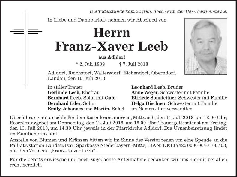 Traueranzeige Franz-Xaver Leeb