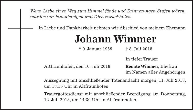 Traueranzeige Johan Wimmer