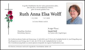 Traueranzeige Ruth Anna Elsa Wolff