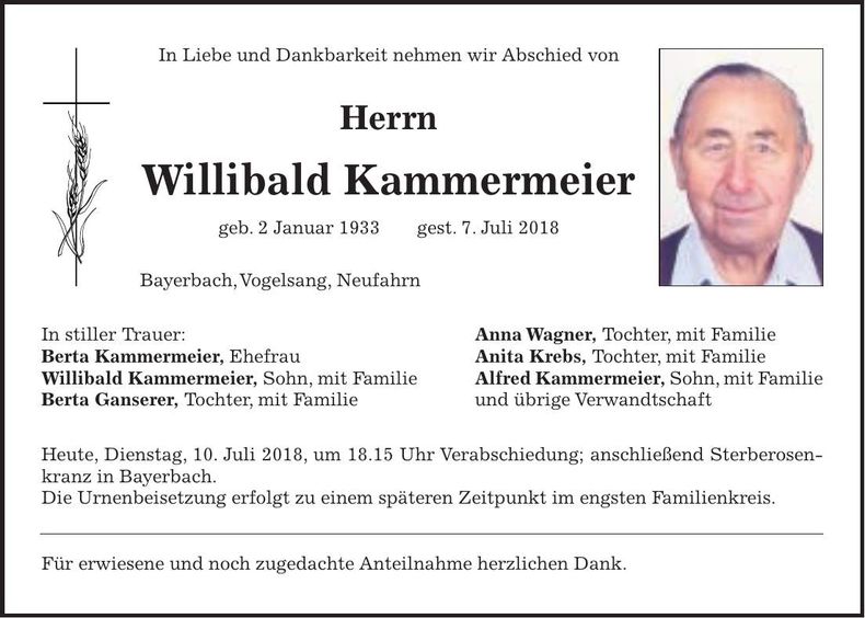 Traueranzeige Willibald Kammermeier