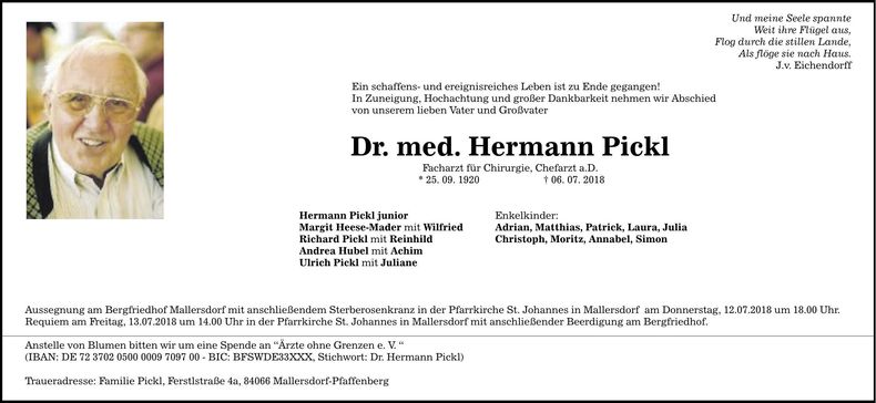Traueranzeige Hermann Pickl
