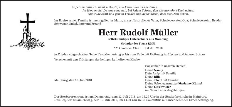 Traueranzeige Rudolf Müller