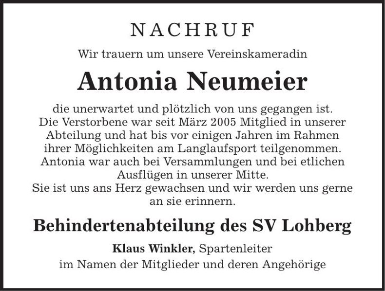 Traueranzeige Antonia Neumeier
