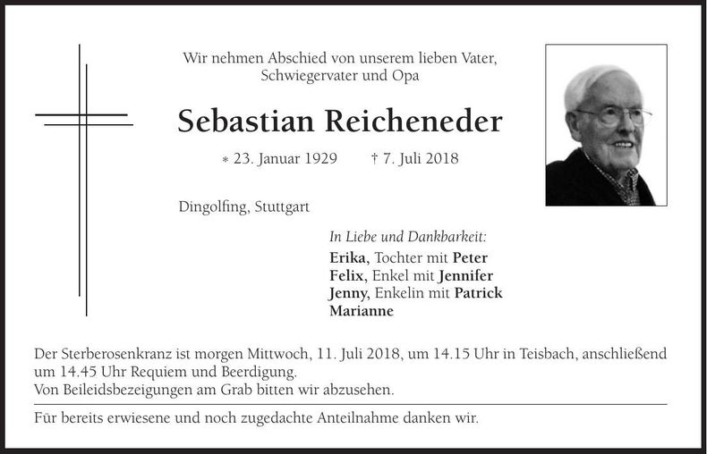 Traueranzeige Sebastian Reicheneder